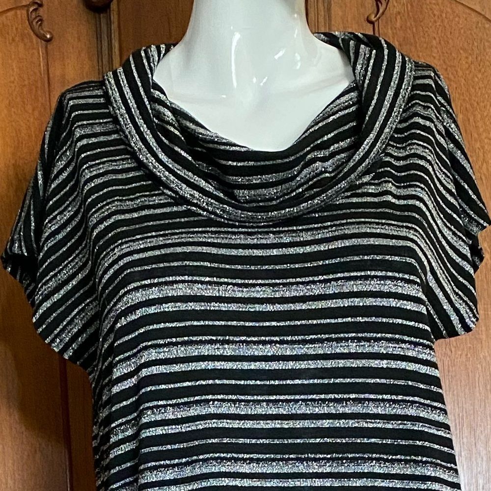Vintage Tunic Top Black & Silver Shirt Metallic Stripe Blouse Size XL - Picture 5 of 9